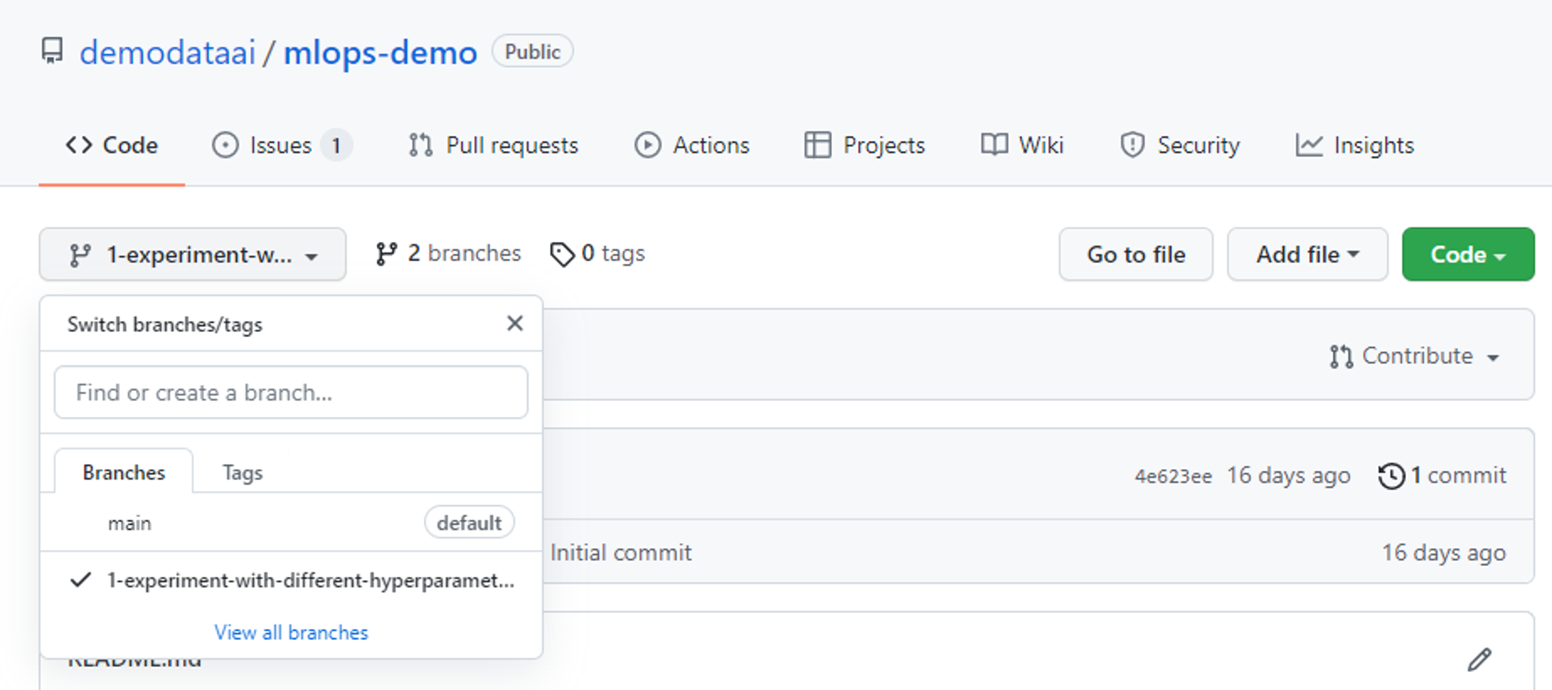 Screenshot der Erstellung eines neuen Zweigs in GitHub-Repository.