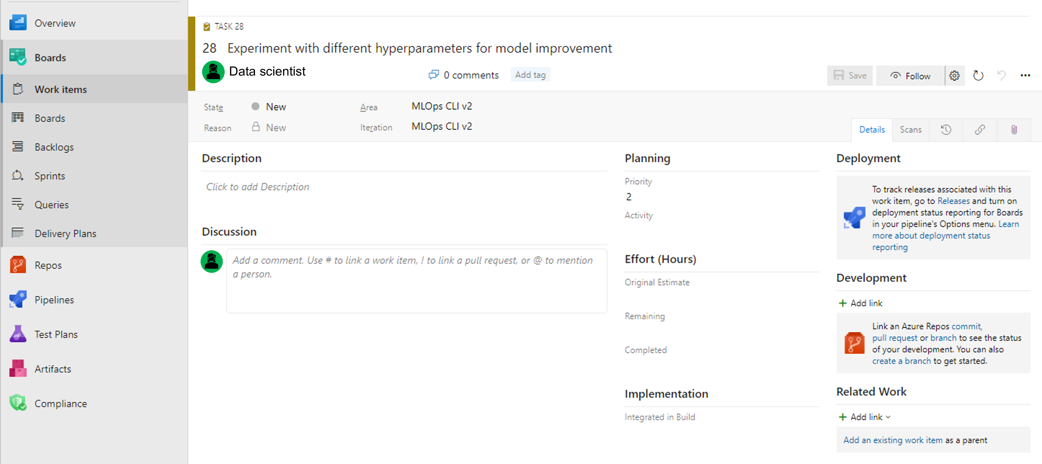 Screenshot von Details zu Arbeitsaufgaben in Azure Boards.