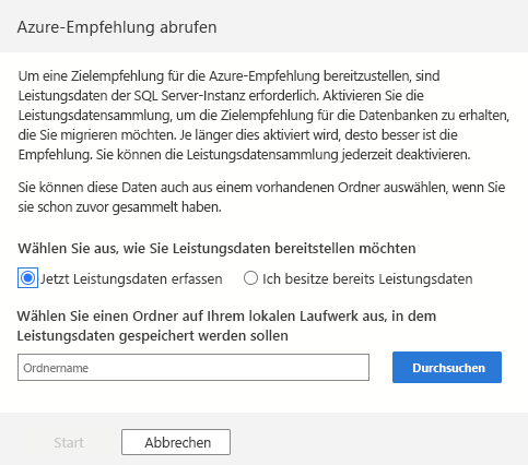 Screenshot der Azure-Empfehlungs-Randleiste mit Konfigurationen darüber, wo die Leistungsdaten gespeichert werden.