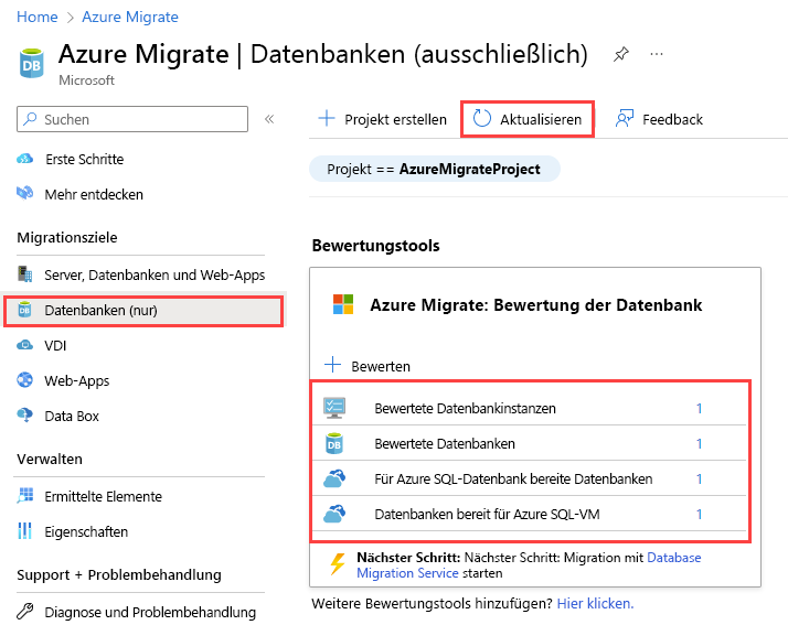 Screenshot of the Azure Migrate: Database Assessment results after the assessment report was uploaded.