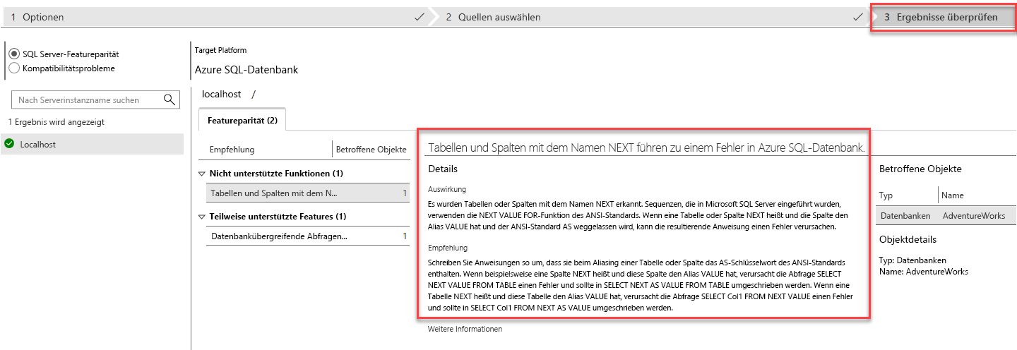 Screenshot: Registerkarte „Ergebnisse überprüfen“ nach dem Ausführen einer Bewertung im Datenmigrations-Assistenten.