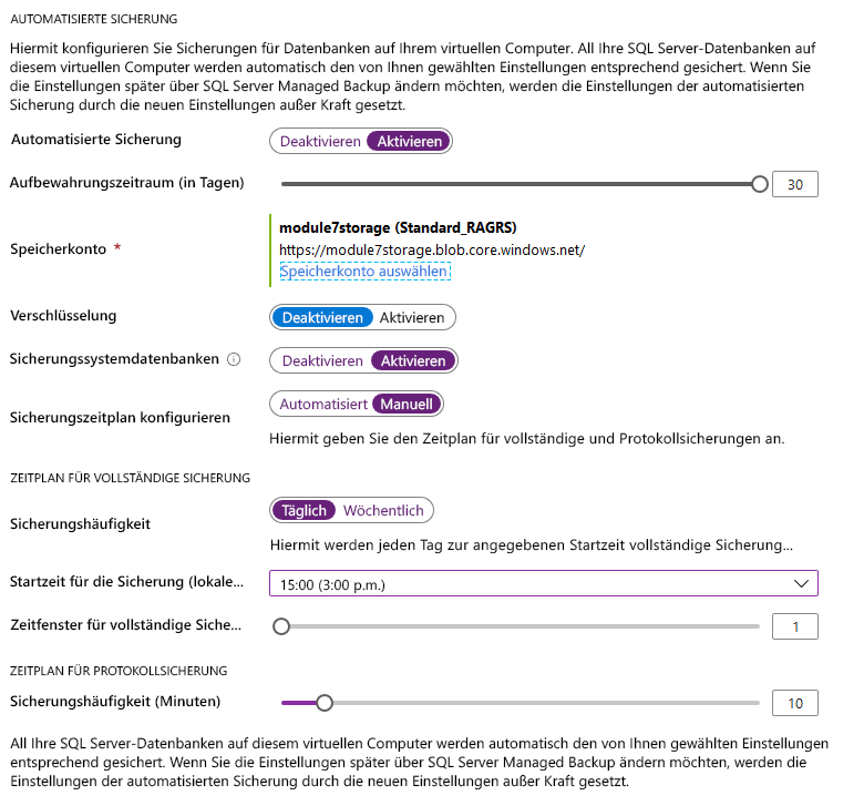 Konfigurieren automatisierter Sicherungen für SQL Server in einem virtuellen Computer im Azure-Portal