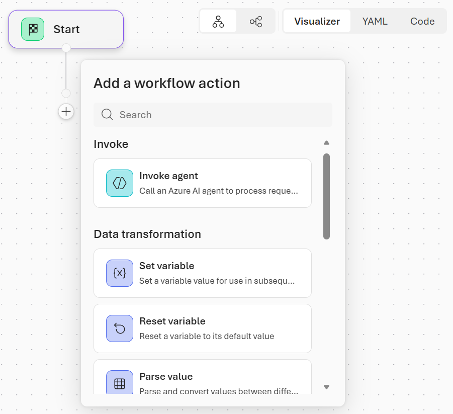 Screenshot des Microsoft Foundry-Workflow-Designers mit verfügbaren Knotentypen.