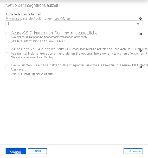 Erweiterte Einstellungen für das Setup der Integration Runtime