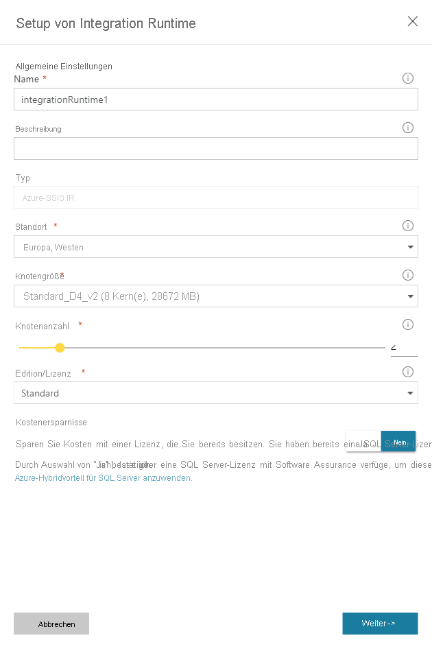 Integration Runtime-Seite „Allgemeine Einstellungen“