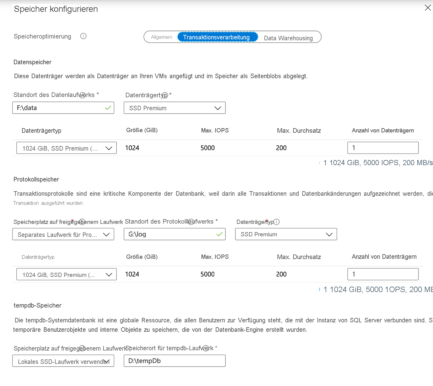 SQL Server-VM-Datenträgerkonfiguration