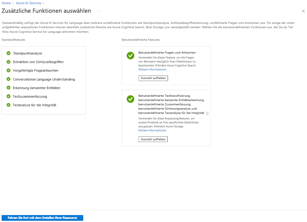 Screenshot der Erstellung eines Sprachdiensts im Azure-Portal.