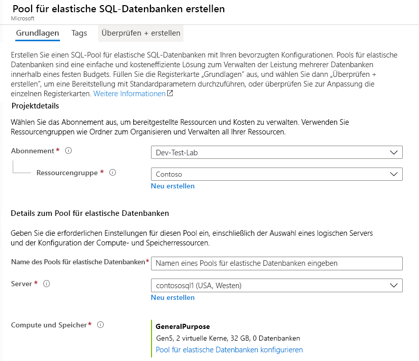 Elastic Pool Creation in Azure portal