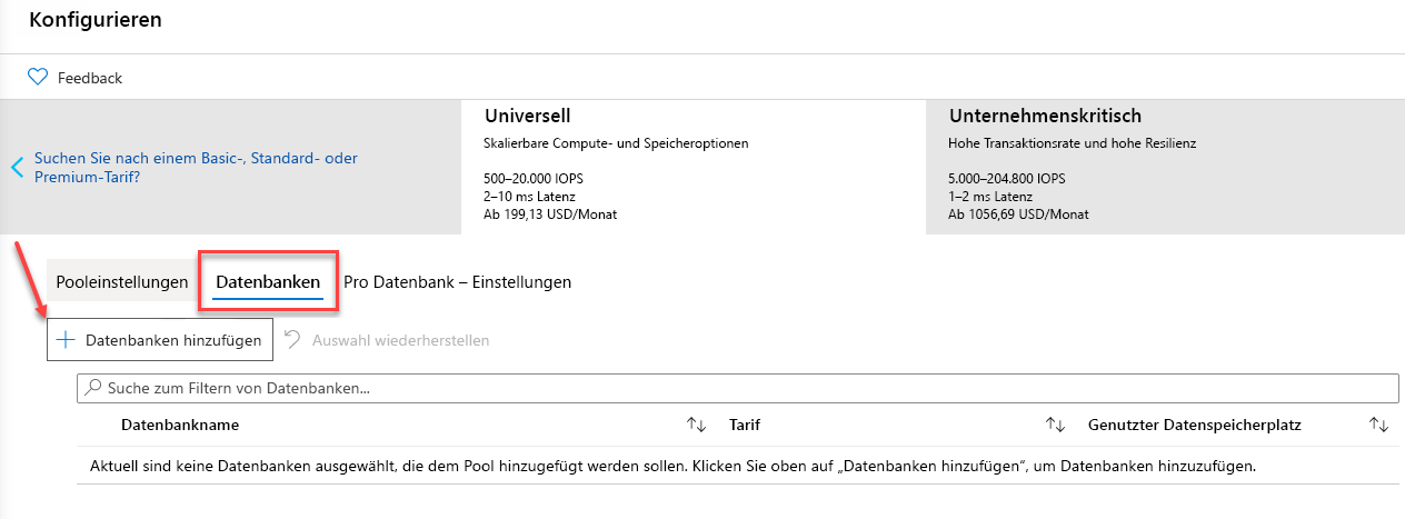 Adding a Database to an Elastic Pool in Azure portal