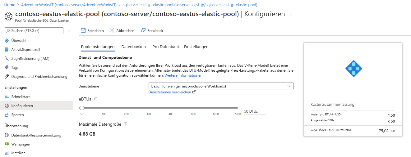 The Azure portal page showing Elastic Pool Configuration