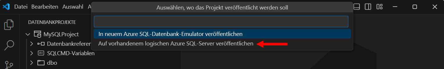 Screenshot: Veröffentlichen auf einem vorhandenen logischen Azure SQL-Server