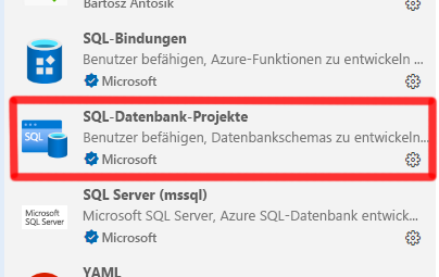 Screenshot, der die installierte SQL-Datenbankprojekte-Erweiterung zeigt.