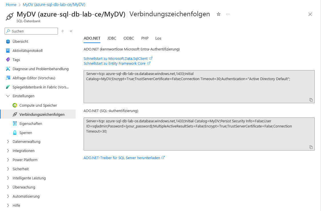 Screenshot: Azure SQL-Datenbankverbindungseinstellungen