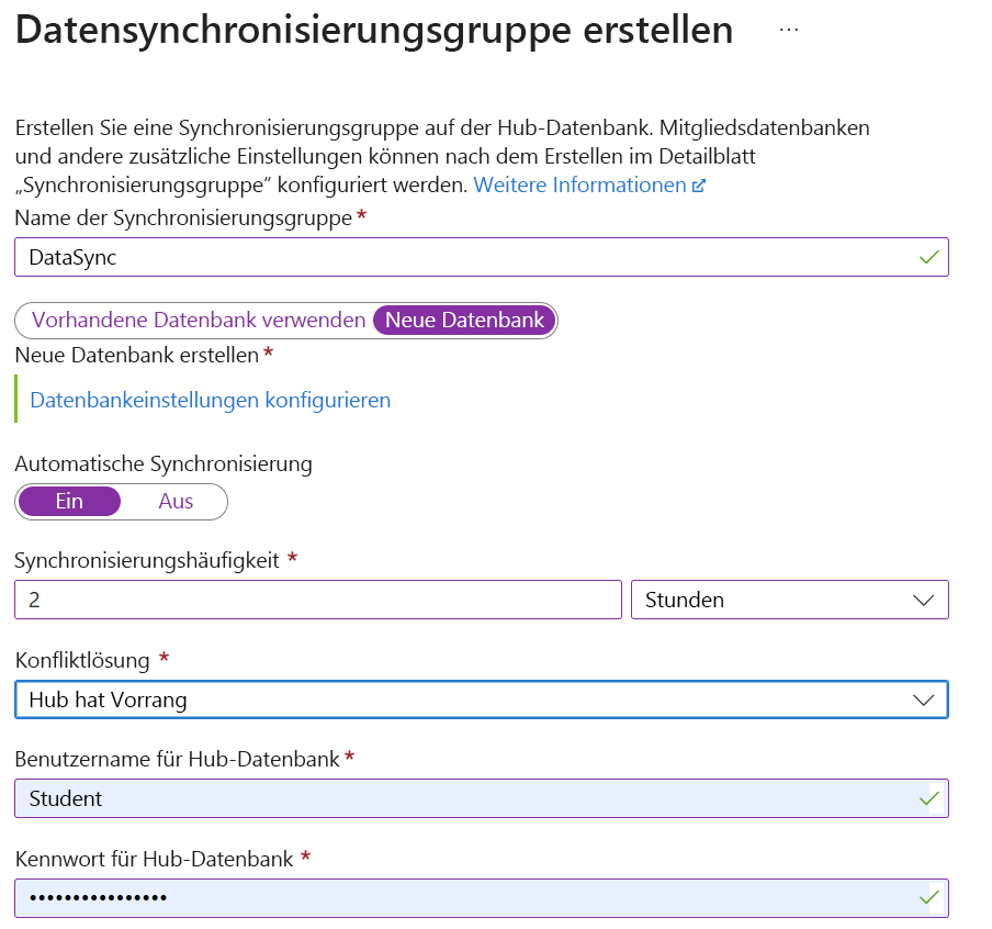 Screenshot, der zeigt, wie Eine Datensynchronisierungsgruppe im Azure-Portal erstellt wird.