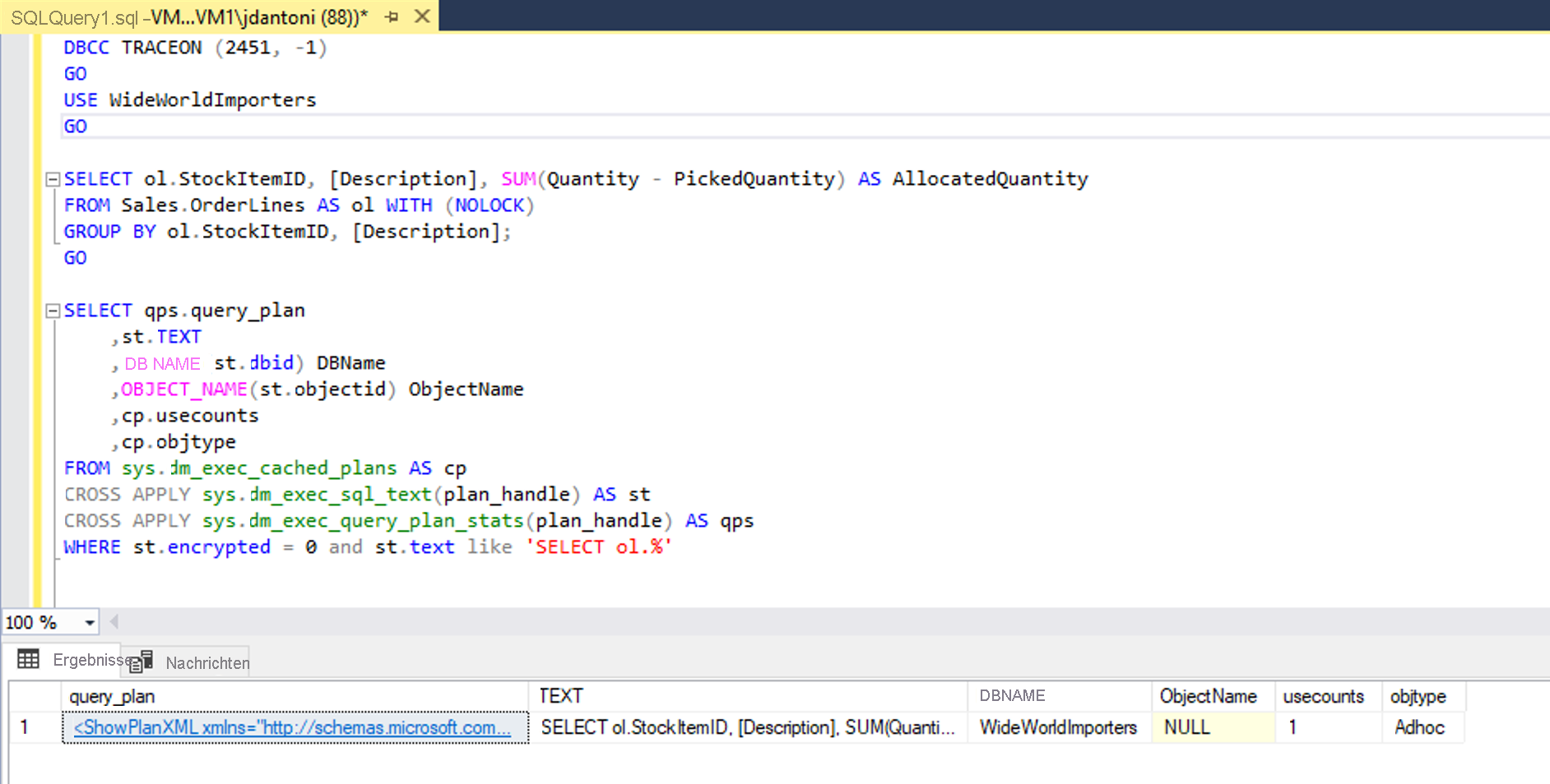 Screenshot: Abrufen des tatsächlichen Ausführungsplans für eine Abfrage.