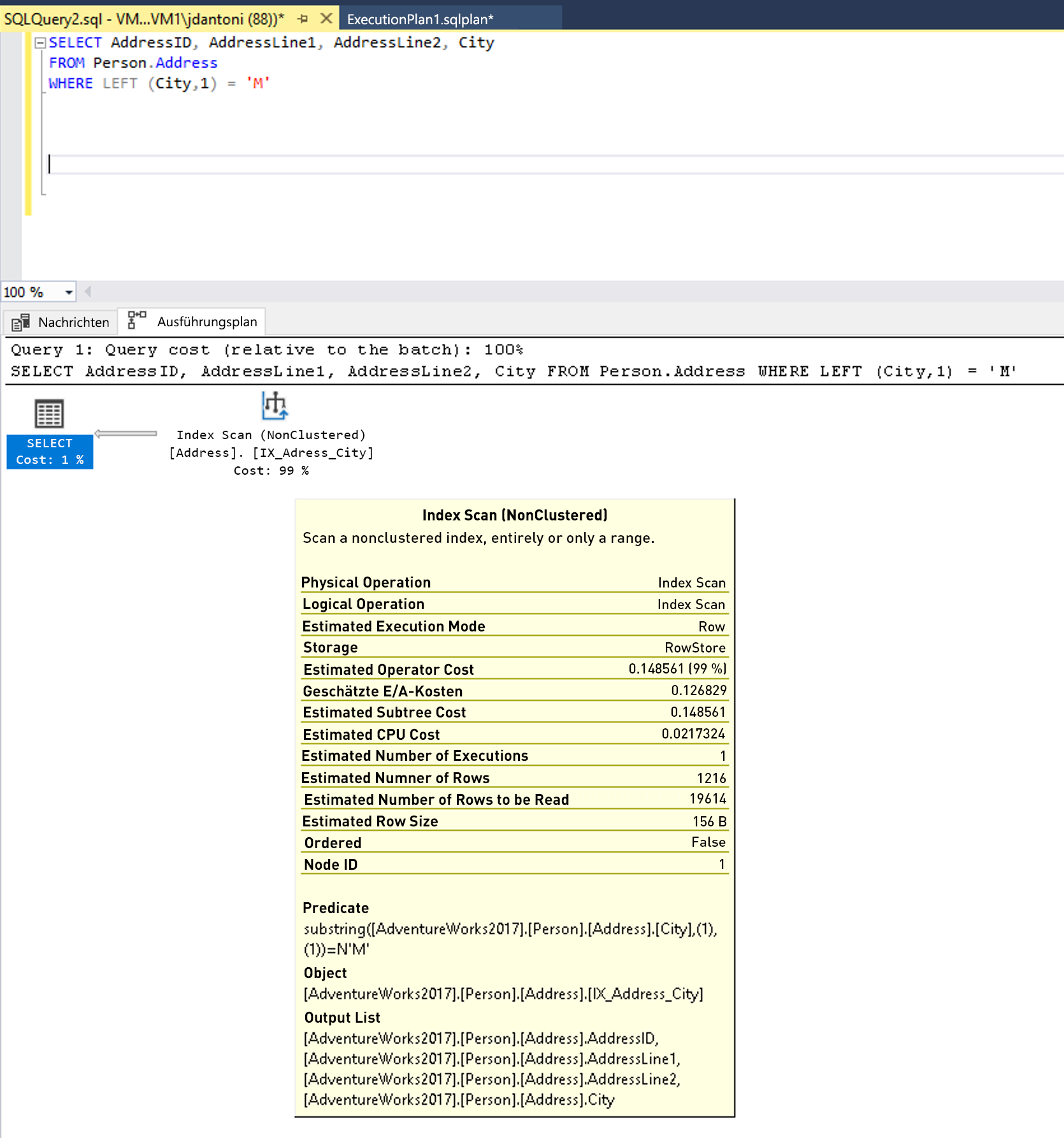 Screenshot des Abfrage- und Ausführungsplans mit einer nicht SARG-fähigen Funktion.