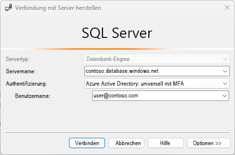 Screenshot des Dialogfelds „SQL Server Managed Studio“ mit dem Authentifizierungstyp MFA