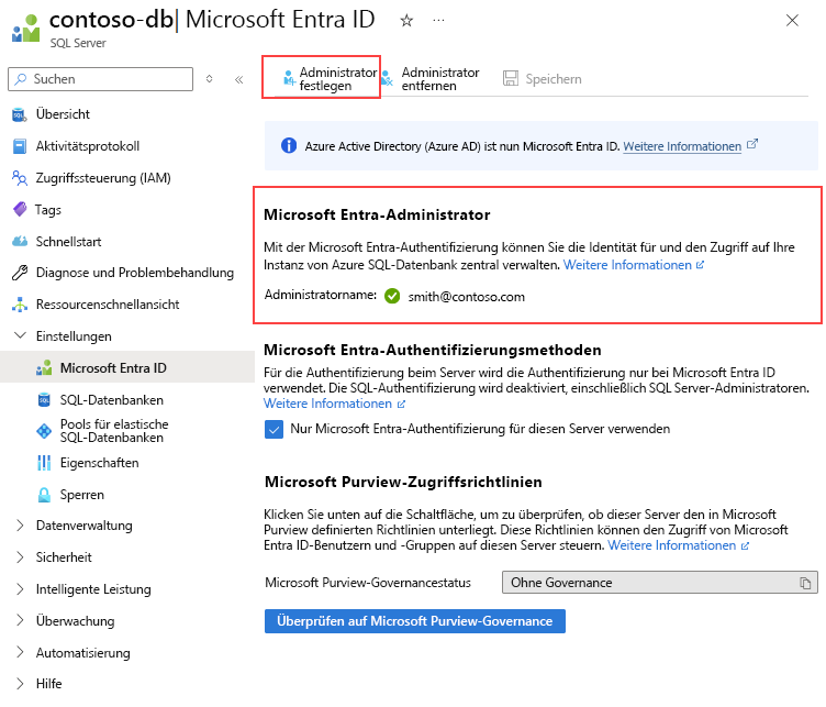 Screenshot der SQL Server-Seite im Azure-Portal für Azure SQL-Datenbank, der zeigt, wo ein Microsoft Entra-Administrator konfiguriert wird