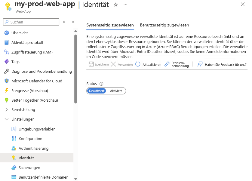 Screenshot der Option „Systemseitig zugewiesene verwaltete Identität“ für eine Web-App im Azure-Portal
