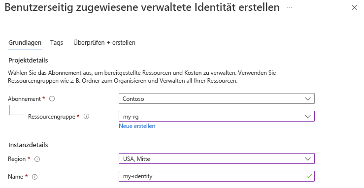 Screenshot der Seite „Benutzerseitig zugewiesene verwaltete Identität erstellen“ im Azure-Portal