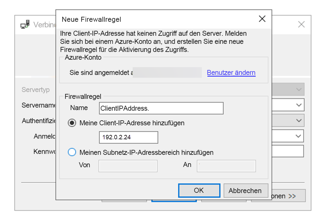 Screenshot des Dialogfelds „Neue Firewallregel“ in SQL Server Management Studio