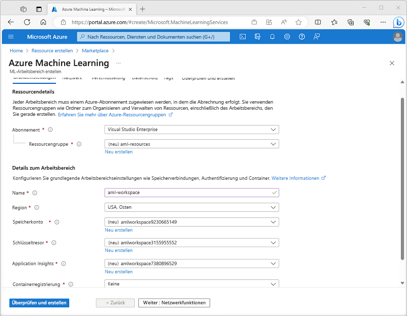 Screenshot: Seite „Azure Machine Learning-Arbeitsbereich erstellen“ im Azure-Portal