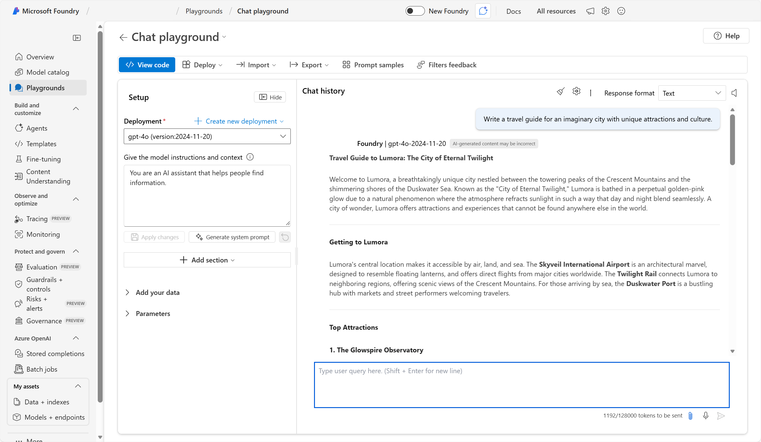 Screenshot des Chat-Playgrounds auf Microsoft Foundry.