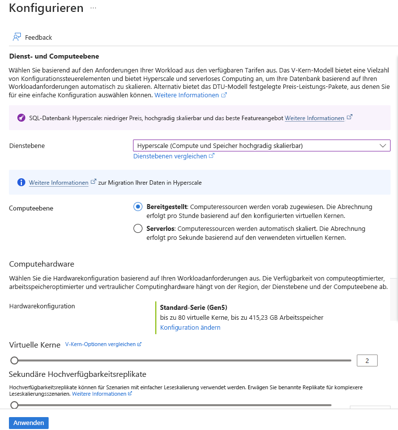 Screenshot der Hyperscale-Konfiguration für Azure SQL-Datenbank.