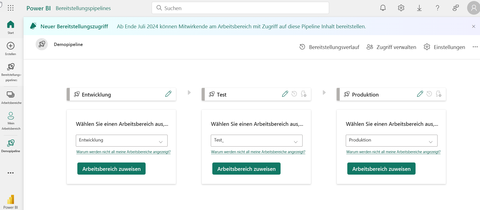 Screenshot der Arbeitsbereichszuweisungsschnittstelle.