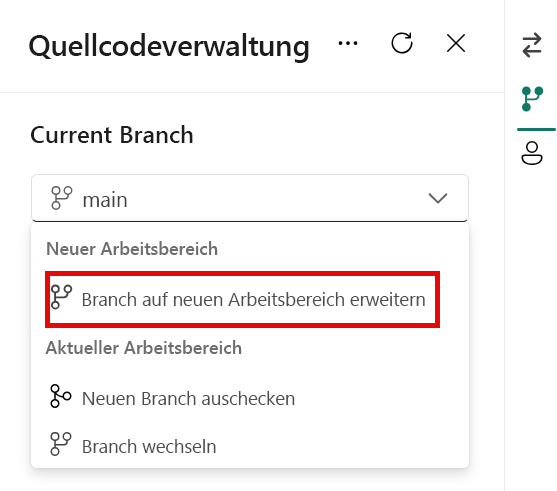 Screenshot des Erstellens eines neuen Arbeitsbereichs und einer Verzweigung.