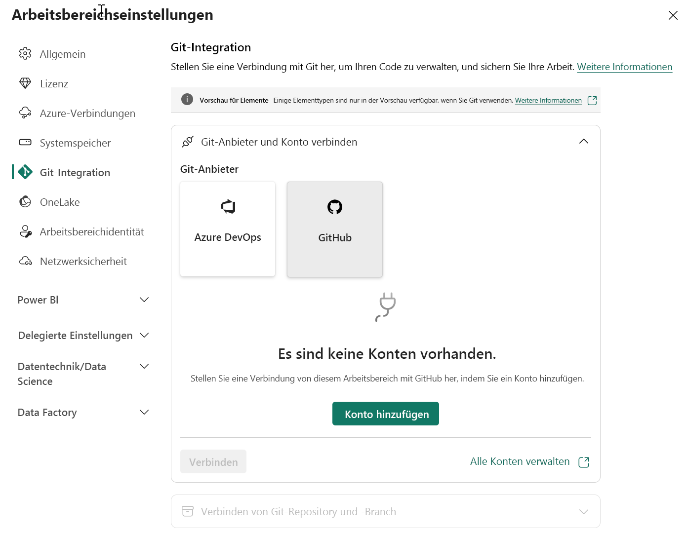 Screenshot der Schnittstelle zur Verbindung des Arbeitsbereichs mit dem Git-Anbieter.