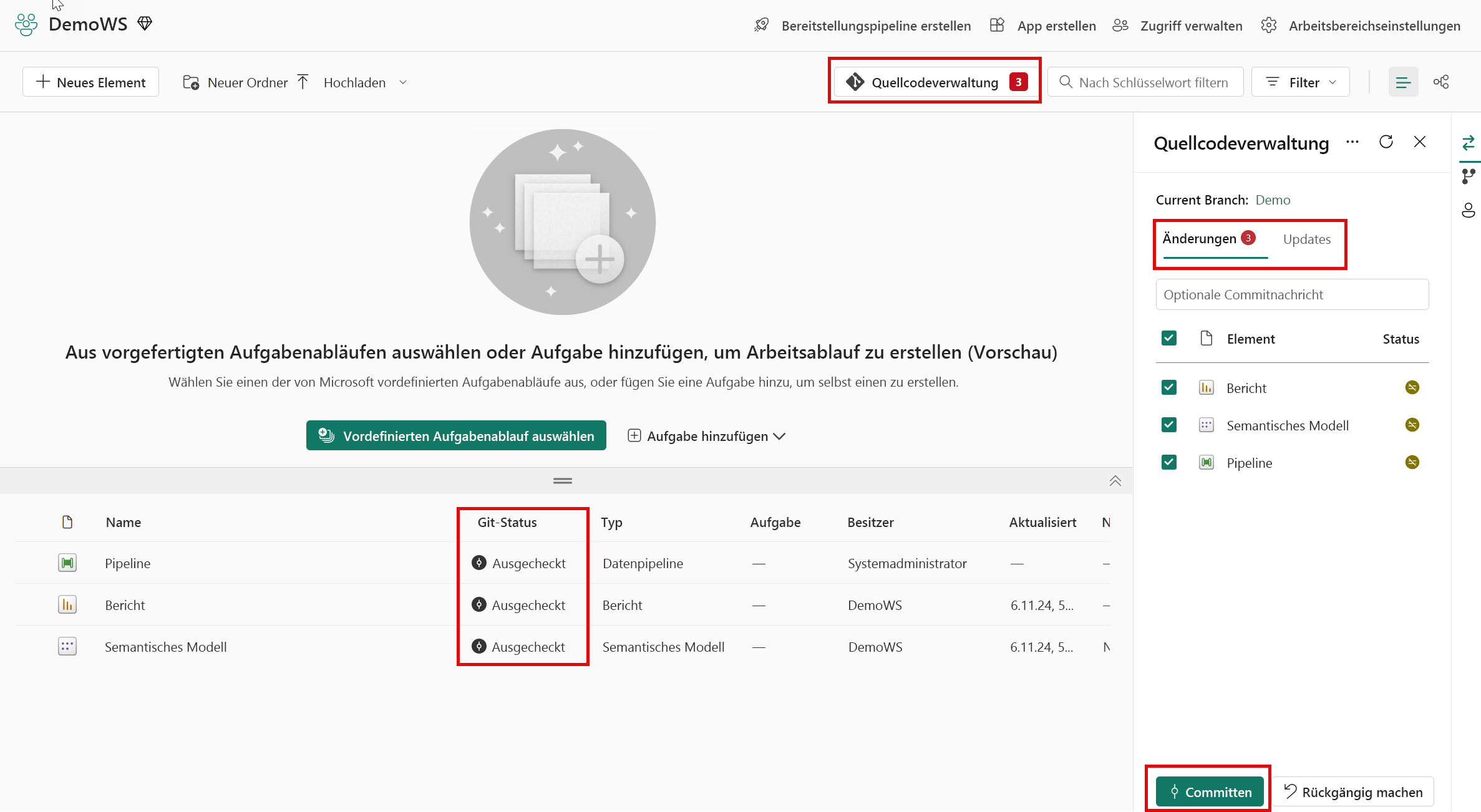 Screenshot der nicht übernommenen Änderungen im Arbeitsbereich.