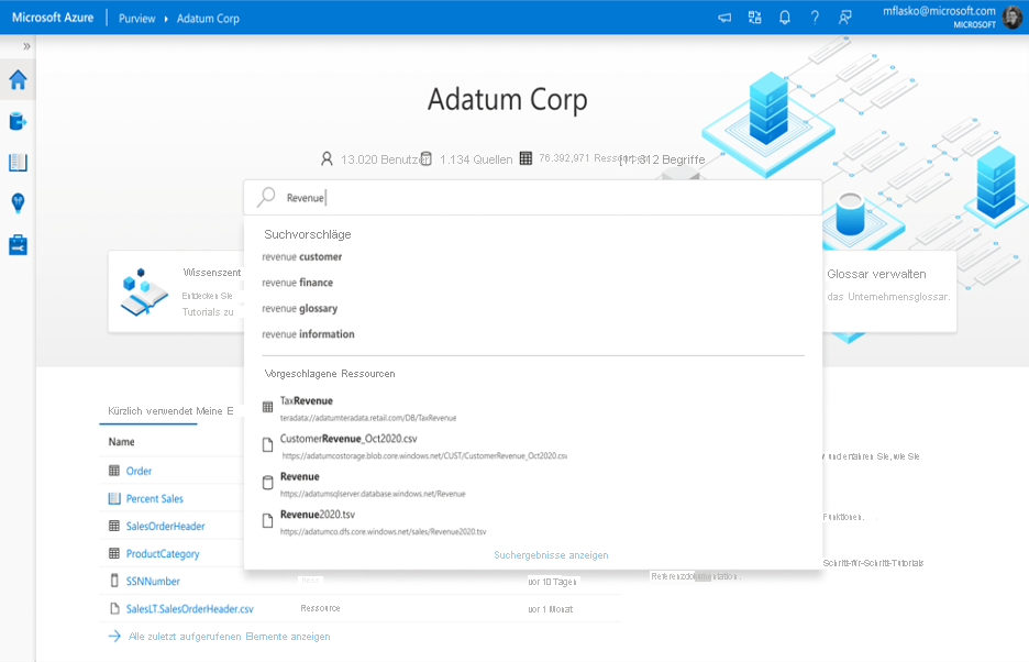 Screenshot der Suchleiste mit Ressourcenvorschlägen basierend auf dem angegebenen Begriff.