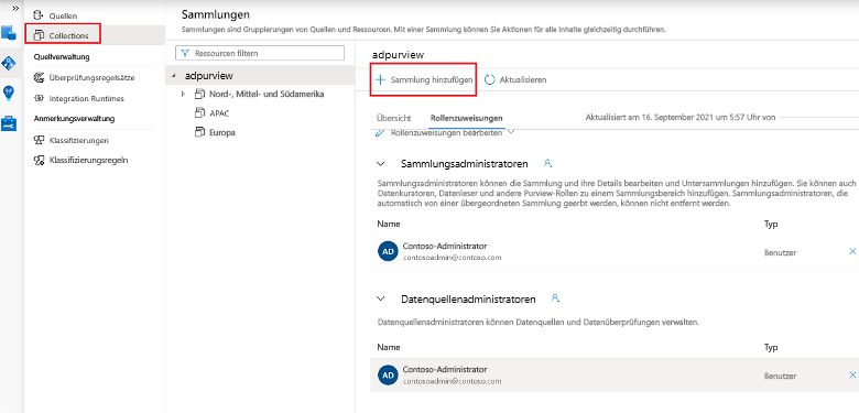 Screenshot des Sammlungsmenüs zur Zuweisung von Zugriffskontrollberechtigungen für die Sammlungshierarchie.