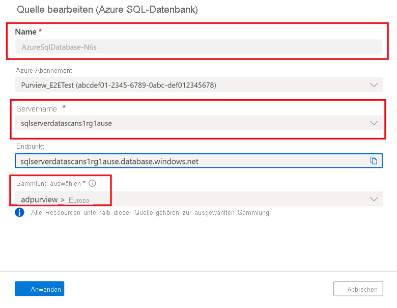 Screenshot Der Details, die eingegeben werden müssen, um die Datenquelle zu registrieren.
