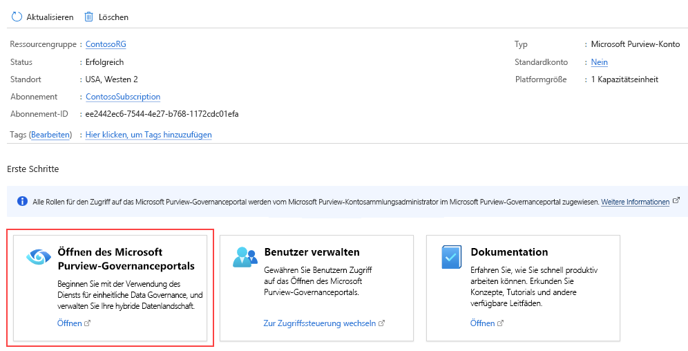 Screenshot vom Öffnen des Microsoft Purview-Governanceportals.