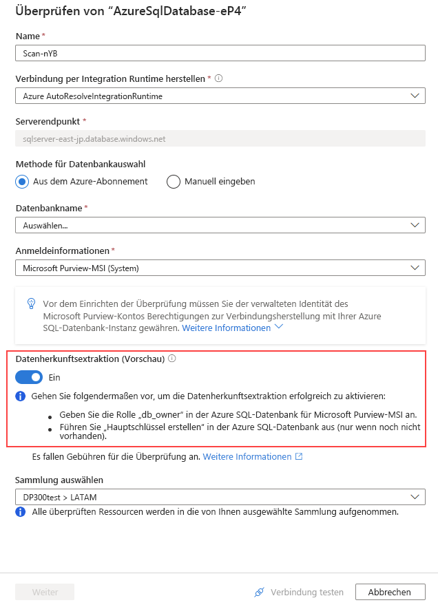 Screenshot des Bildschirms zum Erstellen eines neuen Scans mit Herkunftsextraktion.