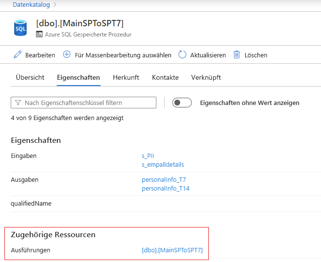 Screenshot des Bildschirms mit Eigenschaften gespeicherter Prozeduren mit den Ausführungen.