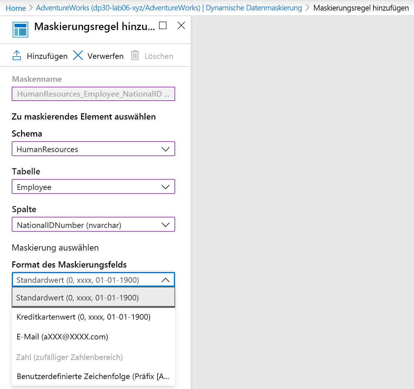 Screenshot: Hinzufügen einer Maskierungsregel im Azure-Portal.