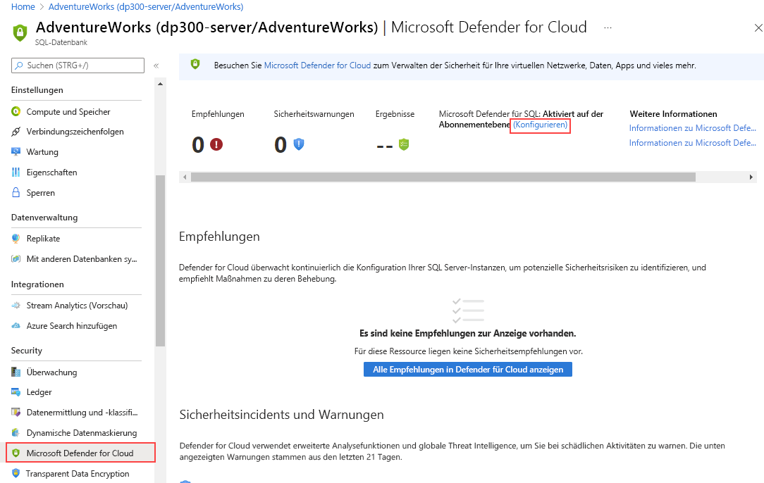 Screenshot: Aktivieren von Microsoft Defender for SQL