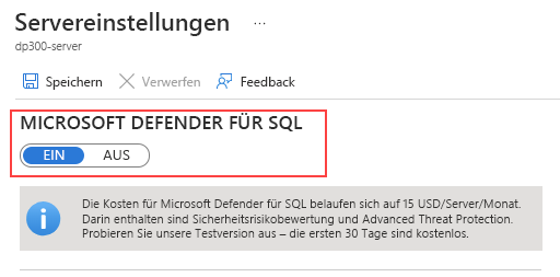 Screenshot: Seite „Servereinstellungen“ zum Aktivieren von Microsoft Defender for SQL