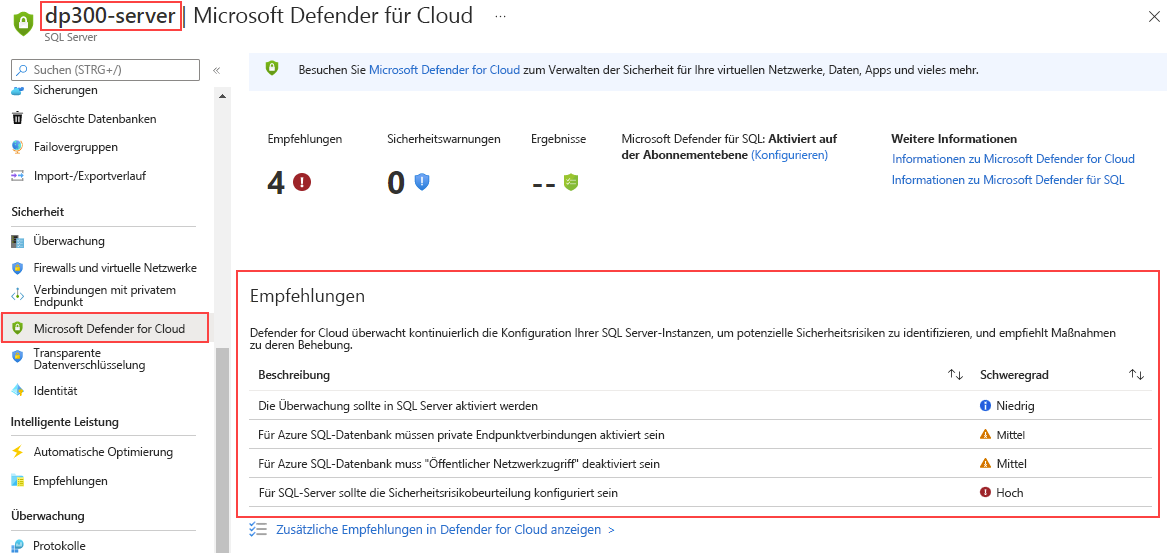 Screenshot: Microsoft Defender for SQL-Empfehlungen auf Serverebene