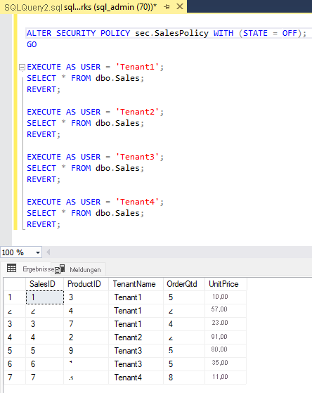 Screenshot der T-SQL-Befehle zum Ändern einer Sicherheitsrichtlinie.