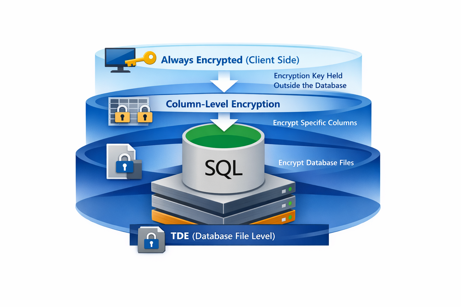Diagramm, das drei Verschlüsselungsebenen vergleicht: TDE auf Datenbankdateiebene, Verschlüsselung auf Spaltenebene bei bestimmten Spalten und Always Encrypted mit Verschlüsselungsschlüsseln, die außerhalb der Datenbank auf Clientanwendungsebene gespeichert sind.
