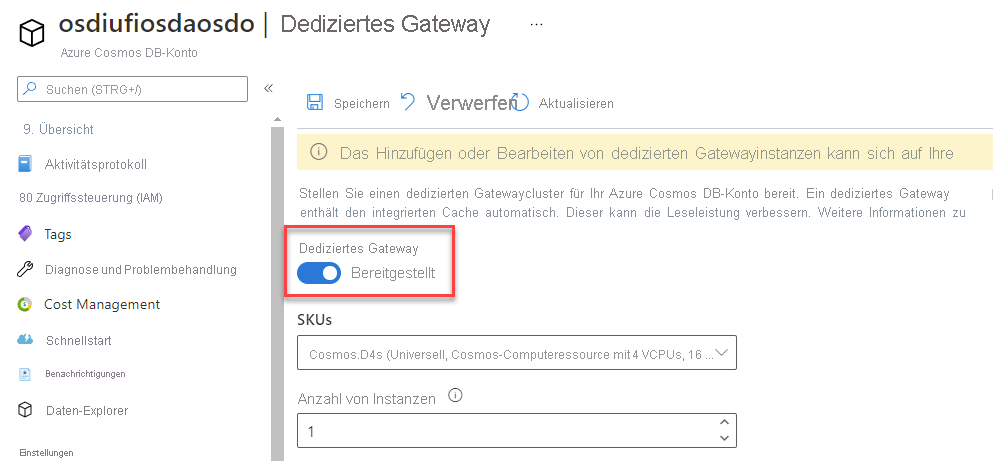 Konfigurationsoptionen für SKU und Knotenanzahl des dedizierten Gateways