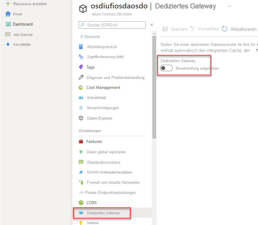 Geöffneter Navigationsbereich für das dedizierte Gateway auf dem Blatt „Azure&nbsp;Cosmos&nbsp;DB“