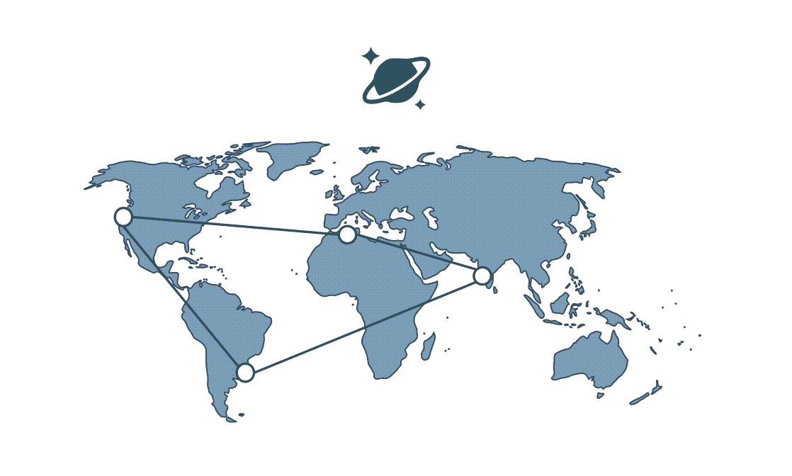 Abbildung einer Weltkarte mit vier global verteilten Knoten, die über Linien miteinander verbunden sind.