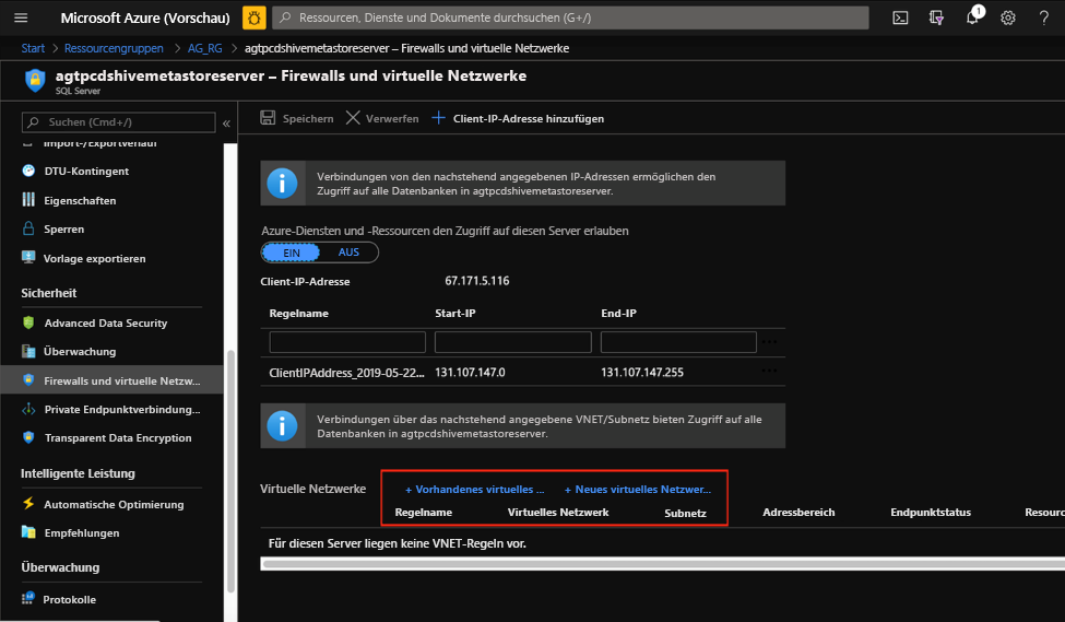Konfigurationen virtueller SQL-Datenbanknetzwerke