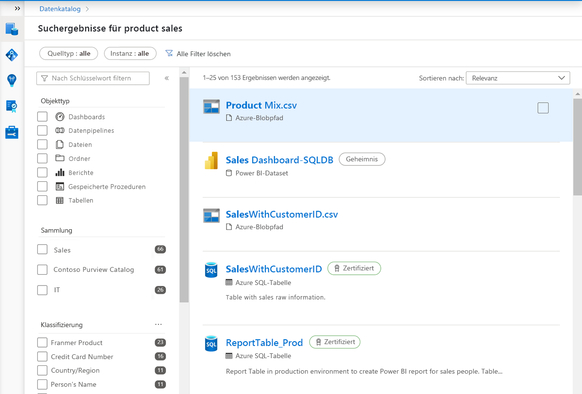 Screenshot of Microsoft Purview Data Catalog search results displaying a results for the product sales search, including .csv files and Azure SQL Tables.