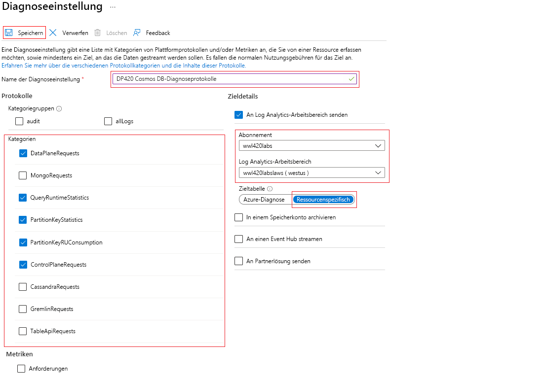 Diagram that shows the diagnostic settings options for Azure Cosmos DB.